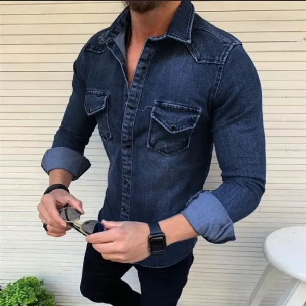 Design Denim Shirt Dark Wash Button-Up Shirt - 6