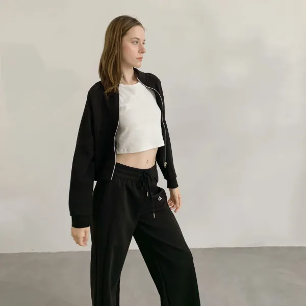 Alo Cropped Zip-Up Jacket and Sweatpants Set Black Tracksuit - 3
