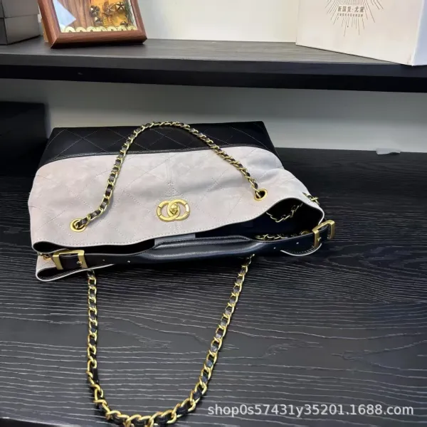 Chanel Bucket Bag Beige and Black Quilted Leather with Gold Chain Strap Handbags - 25