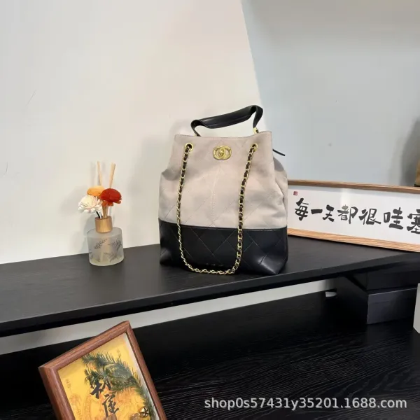 Chanel Bucket Bag Beige and Black Quilted Leather with Gold Chain Strap Handbags - 12