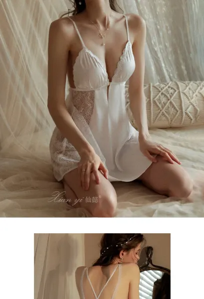 Design Front-Open Lace Sleepwear Set Black - 14