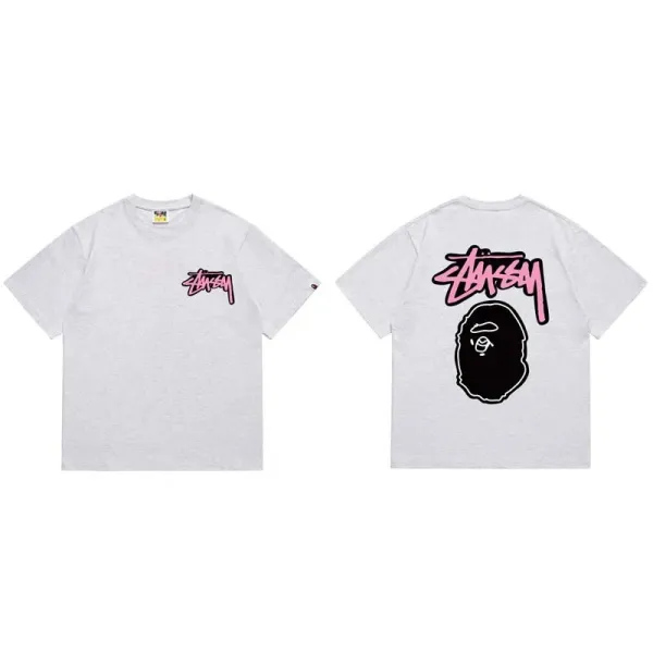 Stussy x A Bathing Ape Pink Logo Graphic T-Shirt Gray - 1