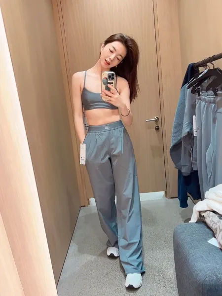 Alo Off-Shoulder Long Sleeve Crop Top Black + Alo High-Waisted Wide-Leg Pants Black + Beige Baseball Cap - 6