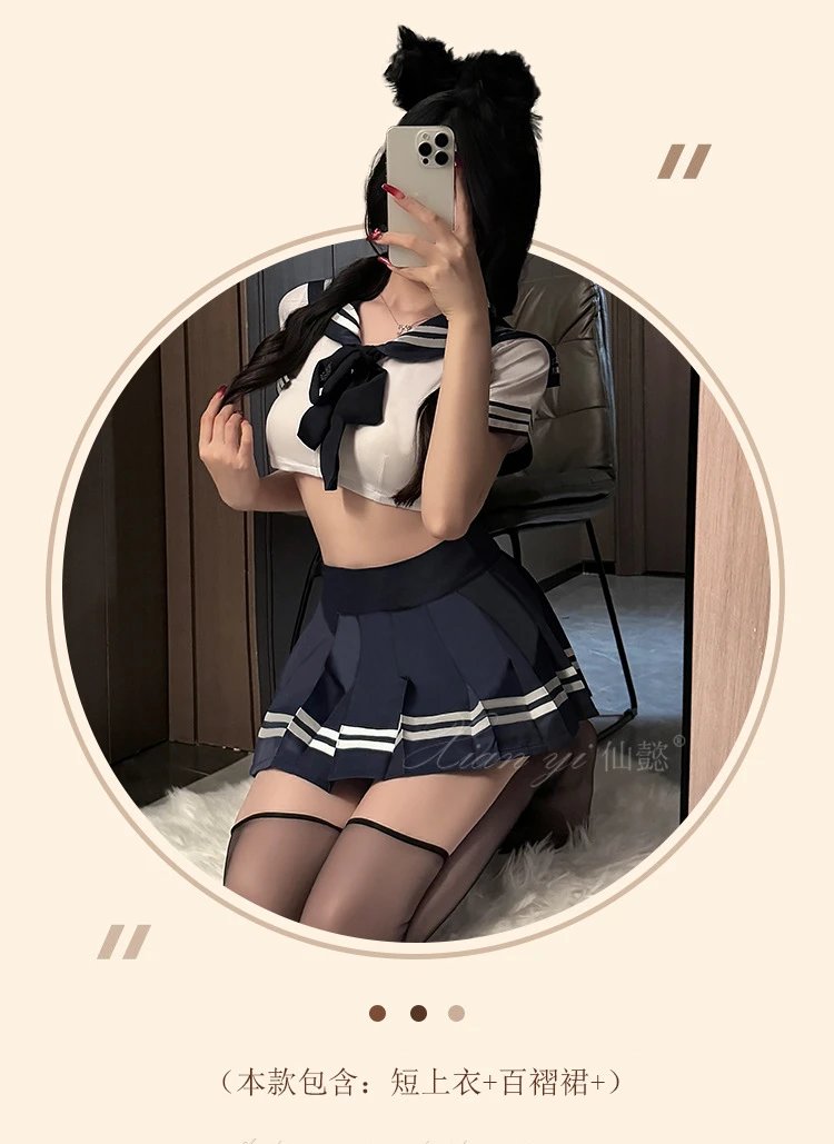 Design Sailor-Style Crop Top + Pleated Skirt Set Navy White - 6