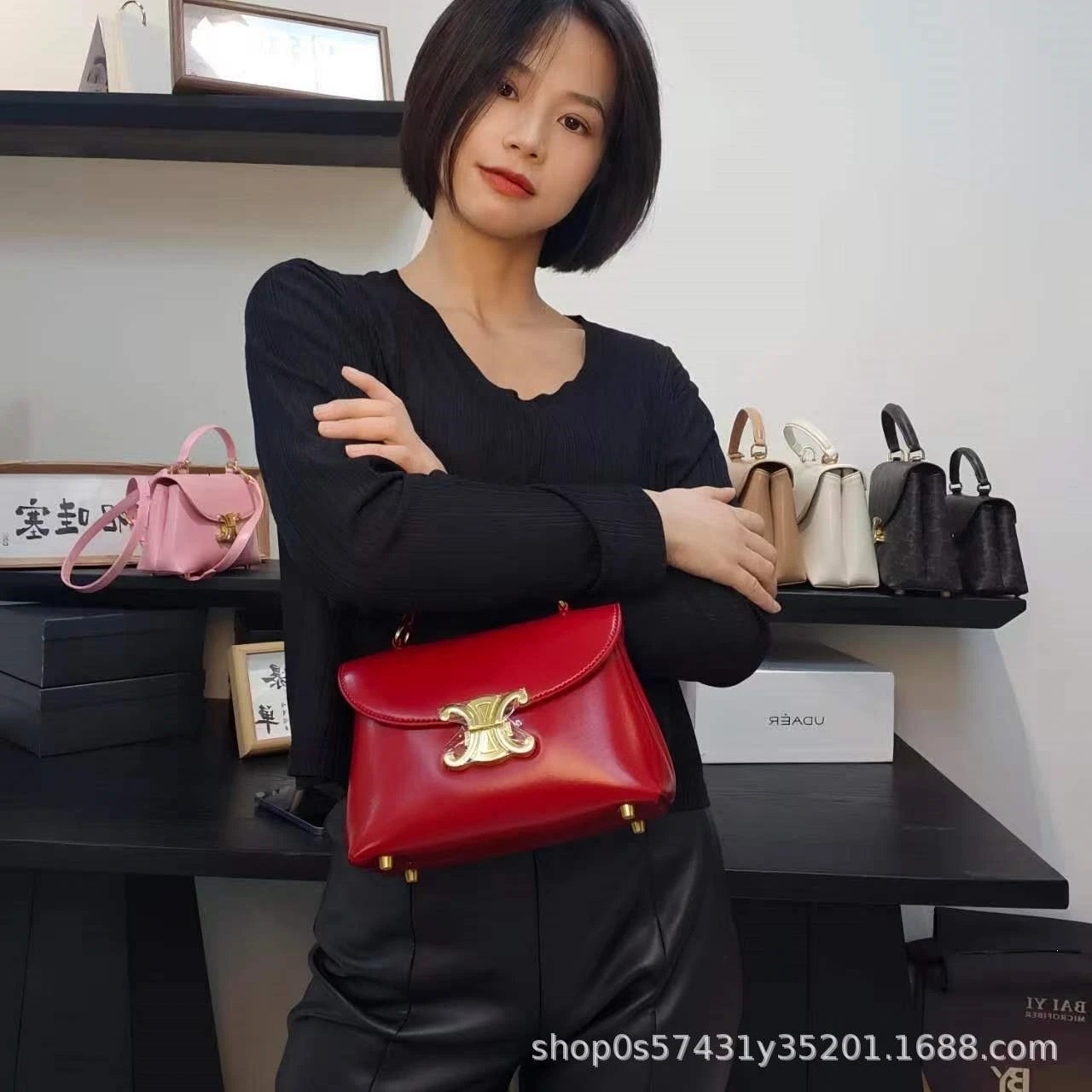 Celine Triomphe Mini Bag Burgundy Leather Handbag - 26