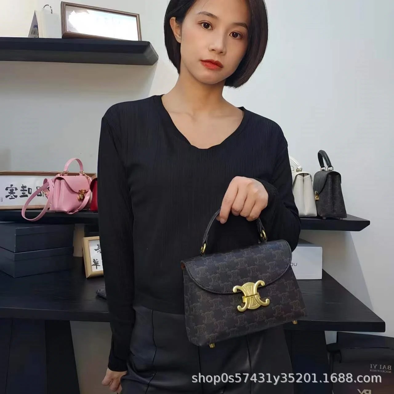 Celine Triomphe Mini Bag Burgundy Leather Handbag - 29