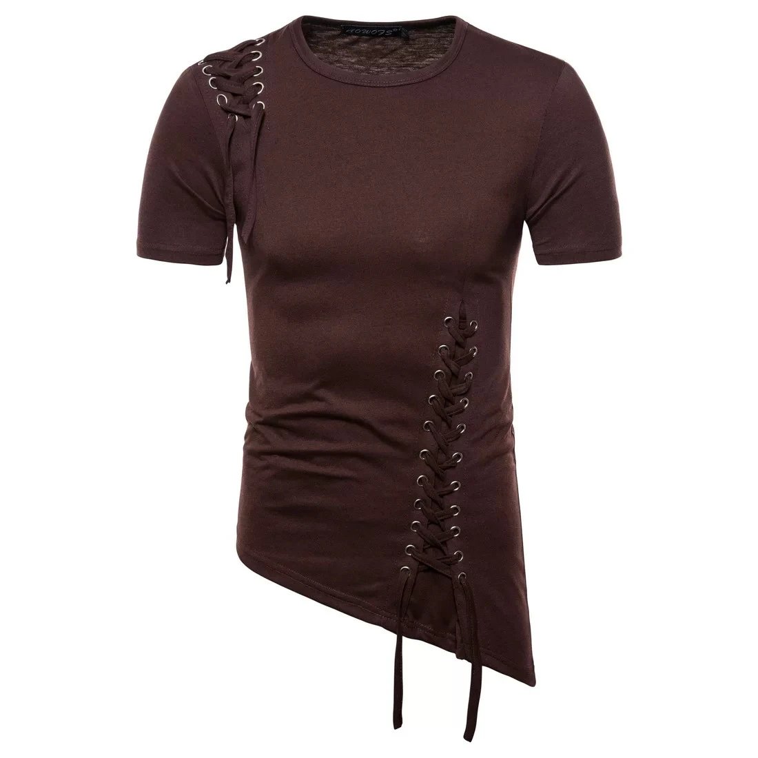 Design Lace-Up Asymmetrical Brown T-Shirt Tops.t Shirts - 5