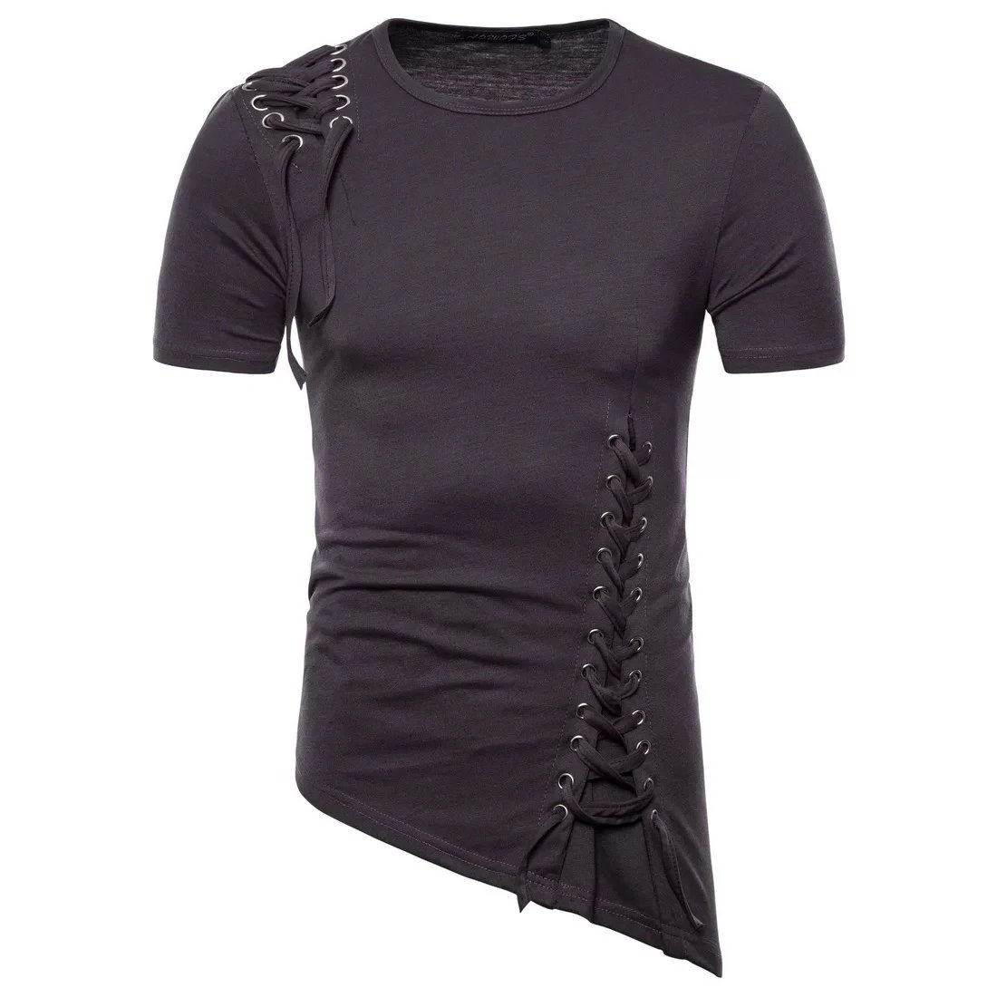 Design Lace-Up Asymmetrical Brown T-Shirt Tops.t Shirts - 14