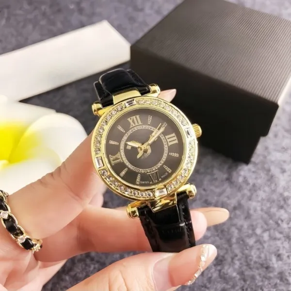 Design Quartz Watch with Crystal Bezel and Gray Leather Strap Watches - 8