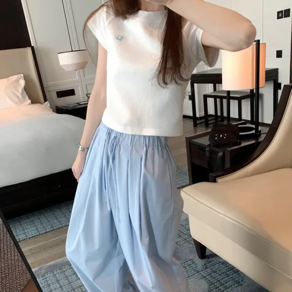 Design Cap-Sleeve Crop Top White + Wide-Leg Pants Light Blue Clothing - 6