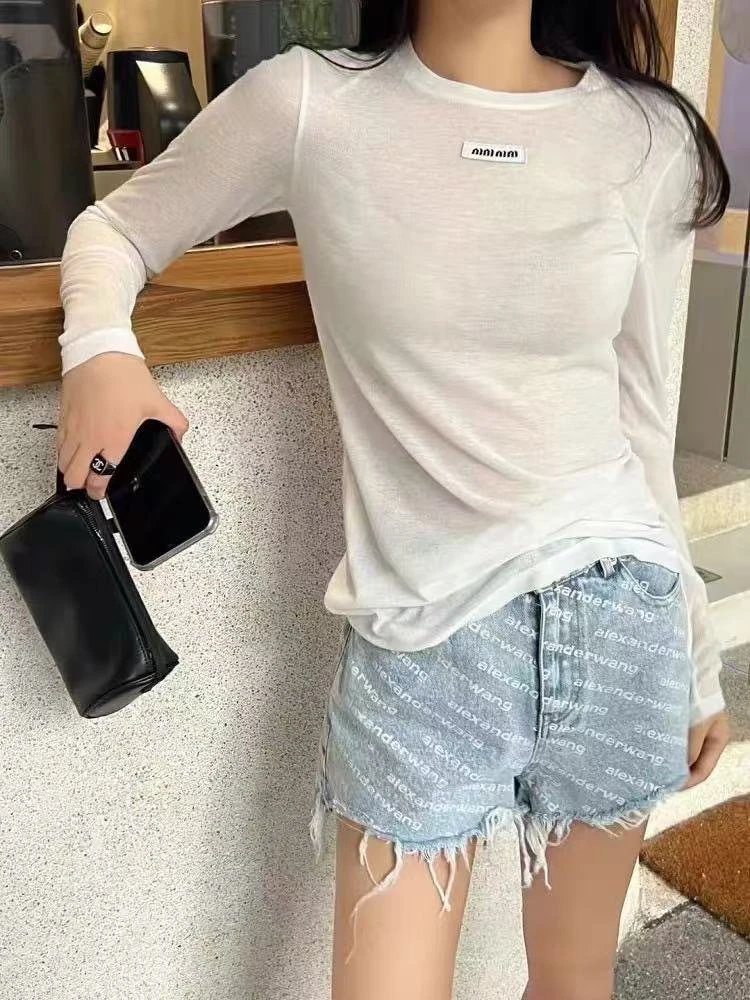 Miu Miu Logo Patch Long Sleeve Top White - 6