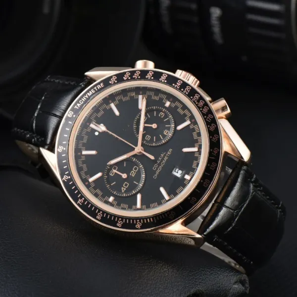 Omega Speedmaster Chronograph Rose Gold Black Dial Leather Strap Watch Watches - 1