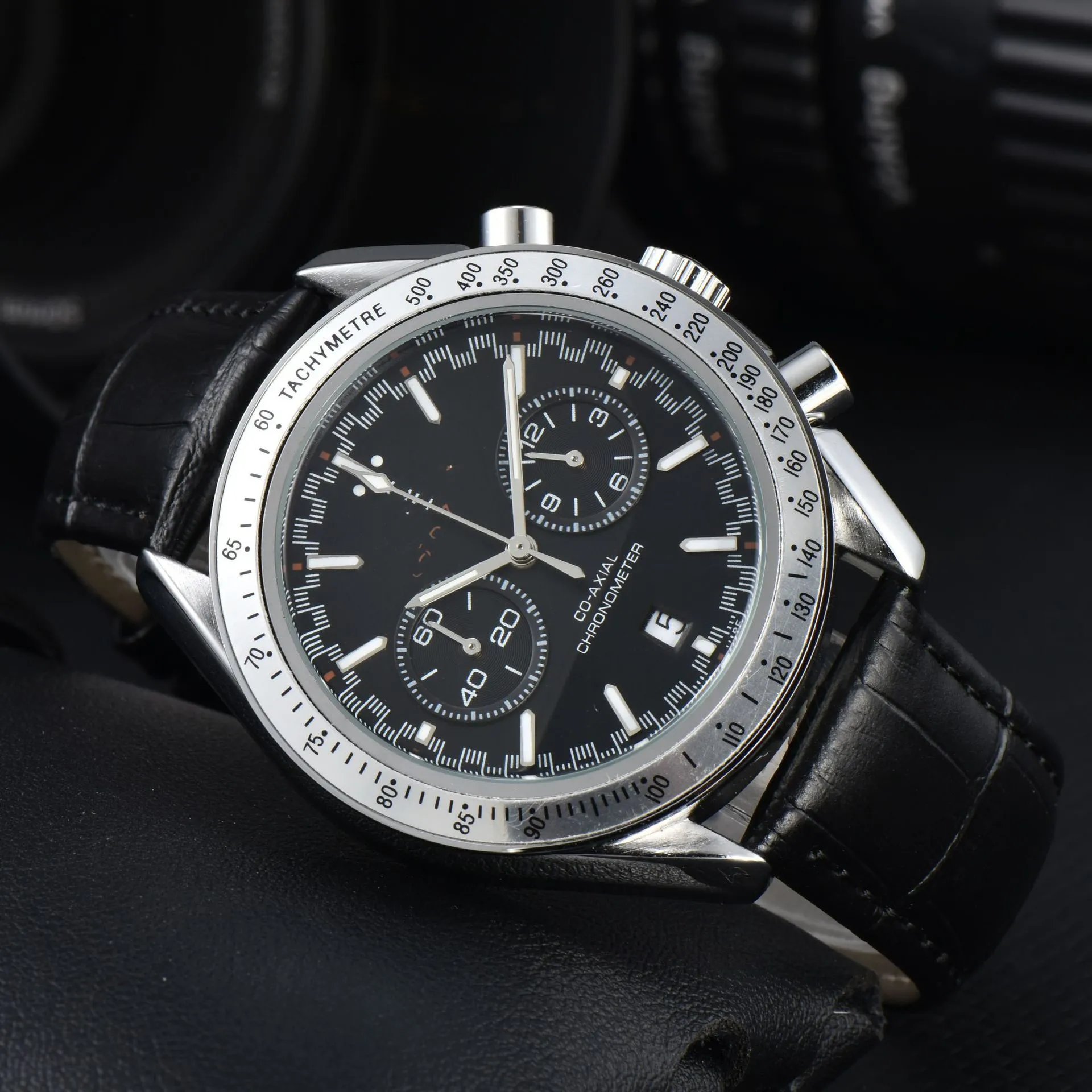 Design Chronograph Tachymetre Black Dial Rose Gold Case Leather Strap Watch Watches - 8