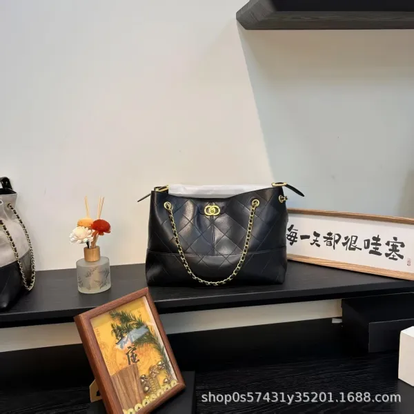 Chanel Bucket Bag Beige and Black Quilted Leather with Gold Chain Strap Handbags - 16