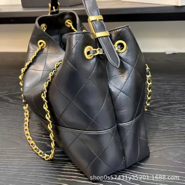 Chanel Bucket Bag Beige and Black Quilted Leather with Gold Chain Strap Handbags - 20