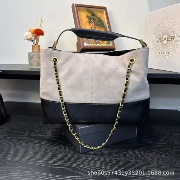 Chanel Bucket Bag Beige and Black Quilted Leather with Gold Chain Strap Handbags - 22