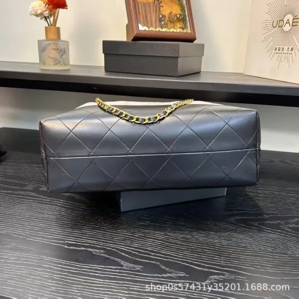 Chanel Bucket Bag Beige and Black Quilted Leather with Gold Chain Strap Handbags - 24