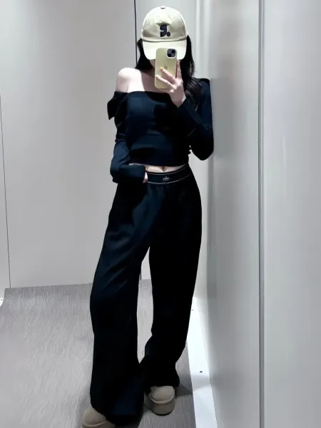 Alo Off-Shoulder Long Sleeve Crop Top Black + Alo High-Waisted Wide-Leg Pants Black + Beige Baseball Cap - 3