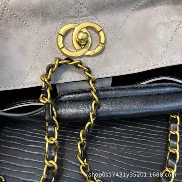 Chanel Bucket Bag Beige and Black Quilted Leather with Gold Chain Strap Handbags - 26