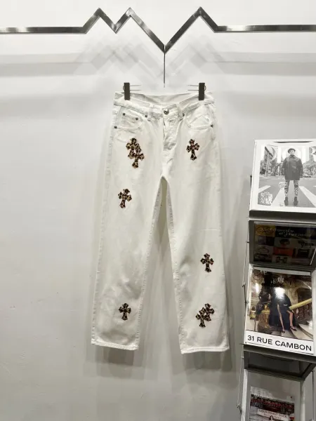 Chrome Hearts Leopard Cross Embroidered White Straight-Leg Jeans - 1