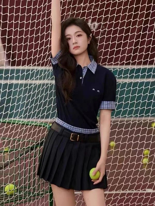 Design Layered Collar Polo Black with Blue-White Check Plaid Trim Tops.polo - 5