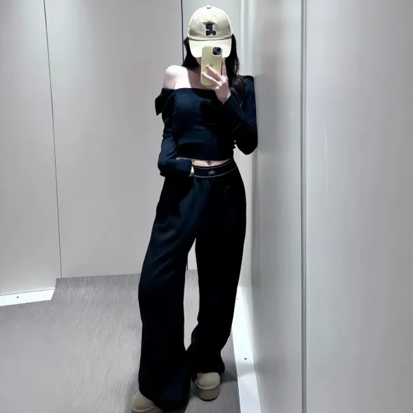 Alo Off-Shoulder Long Sleeve Crop Top Black + Alo High-Waisted Wide-Leg Pants Black + Beige Baseball Cap - 1