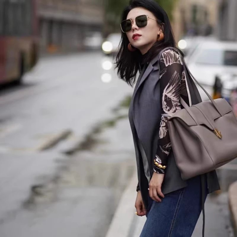 Celine Triomphe Tote Taupe Leather Shoulder Bag