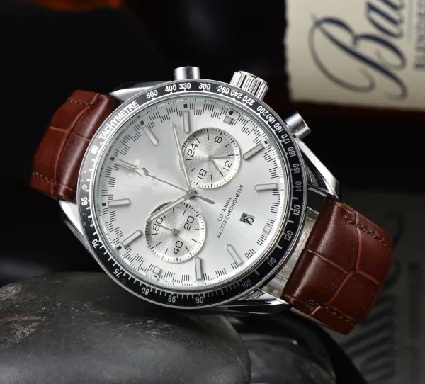 Omega Speedmaster Chronograph Silver Dial Brown Leather Strap Watch Watches - 1