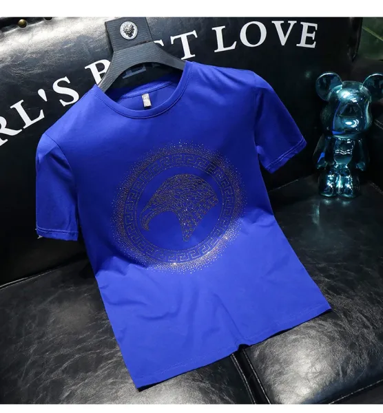Versace Medusa Eagle Crystal Embellished Royal Blue T-Shirt - 9