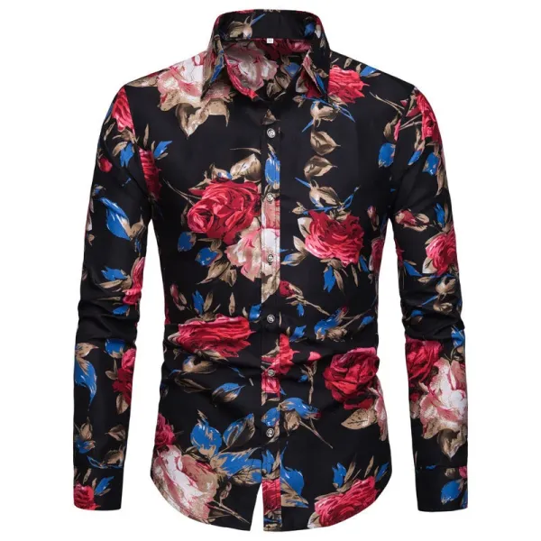 Design Floral Print Long Sleeve Button-Up Shirt Black - 1