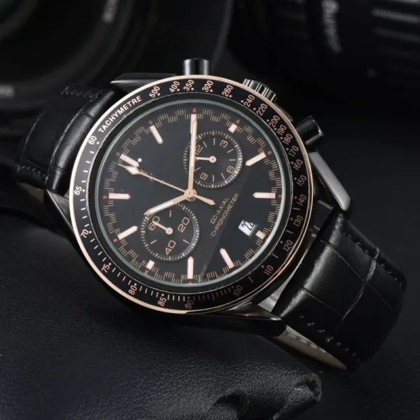 Design Chronograph Tachymetre Black Dial Rose Gold Case Leather Strap Watch Watches - 1