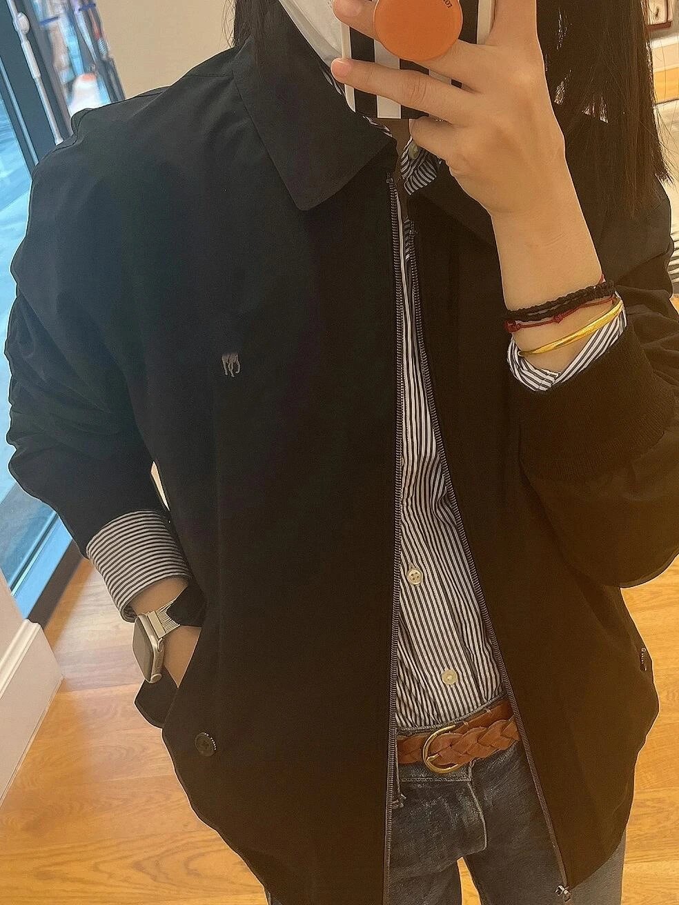 Design Harrington Jacket Black with Striped Shirt Layer Outerwear Jacket - 8