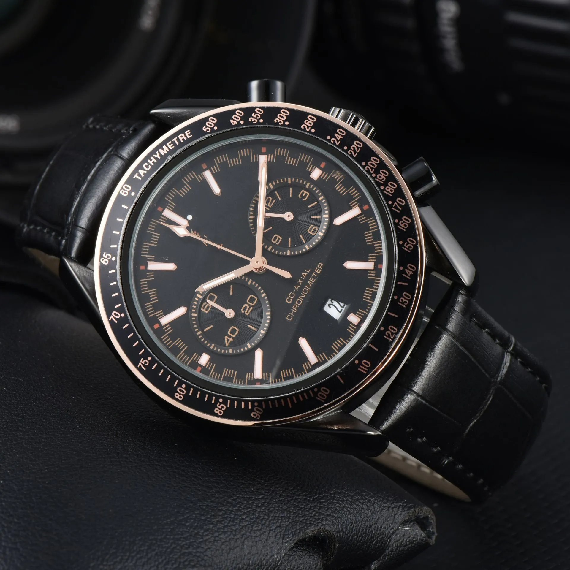 Design Chronograph Tachymetre Black Dial Rose Gold Case Leather Strap Watch Watches - 2