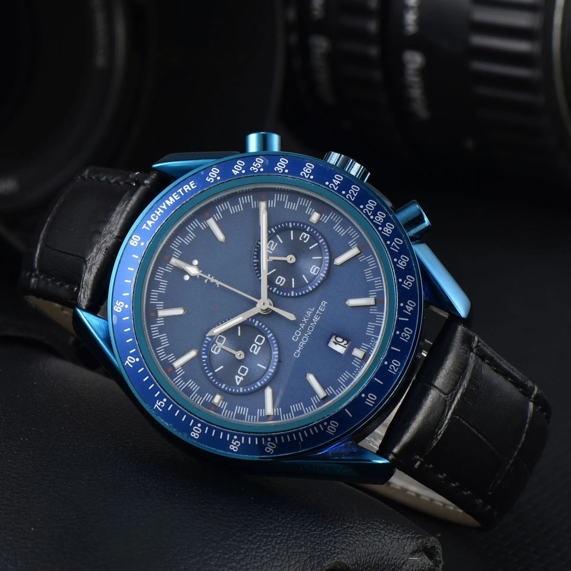 Design Chronograph Tachymetre Black Dial Rose Gold Case Leather Strap Watch Watches - 4