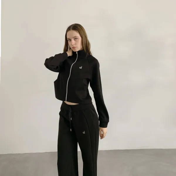 Alo Cropped Zip-Up Jacket and Sweatpants Set Black Tracksuit - 2