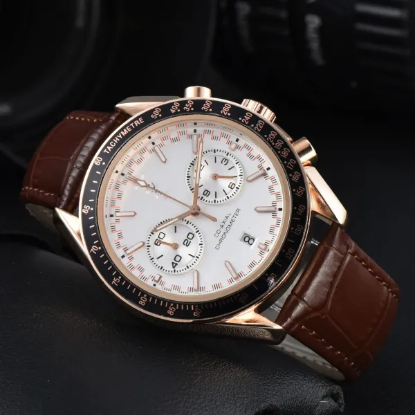 Design Chronograph Tachymetre Black Dial Rose Gold Case Leather Strap Watch Watches - 9