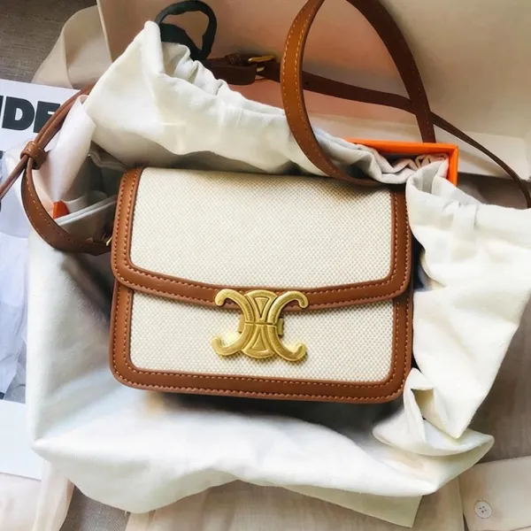 Celine Triomphe Mini Bag Beige and Brown Canvas with Gold Hardware Crossbody Bag - 1