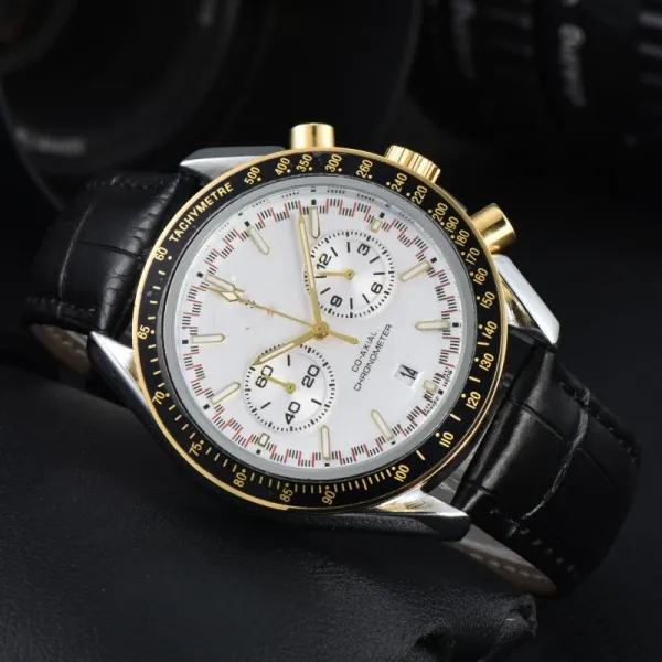 Omega Speedmaster Chronograph White Dial Gold-Plated Bezel Black Leather Strap Watch Watches - 1