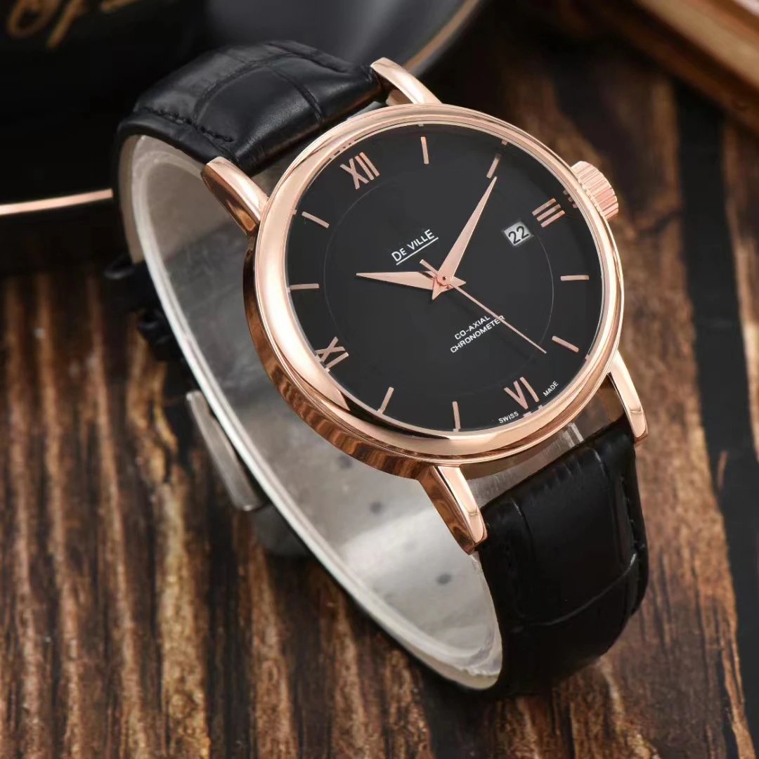 Design De Ville Chronometer Black Dial Rose Gold Case Leather Strap Watch Watches - 7