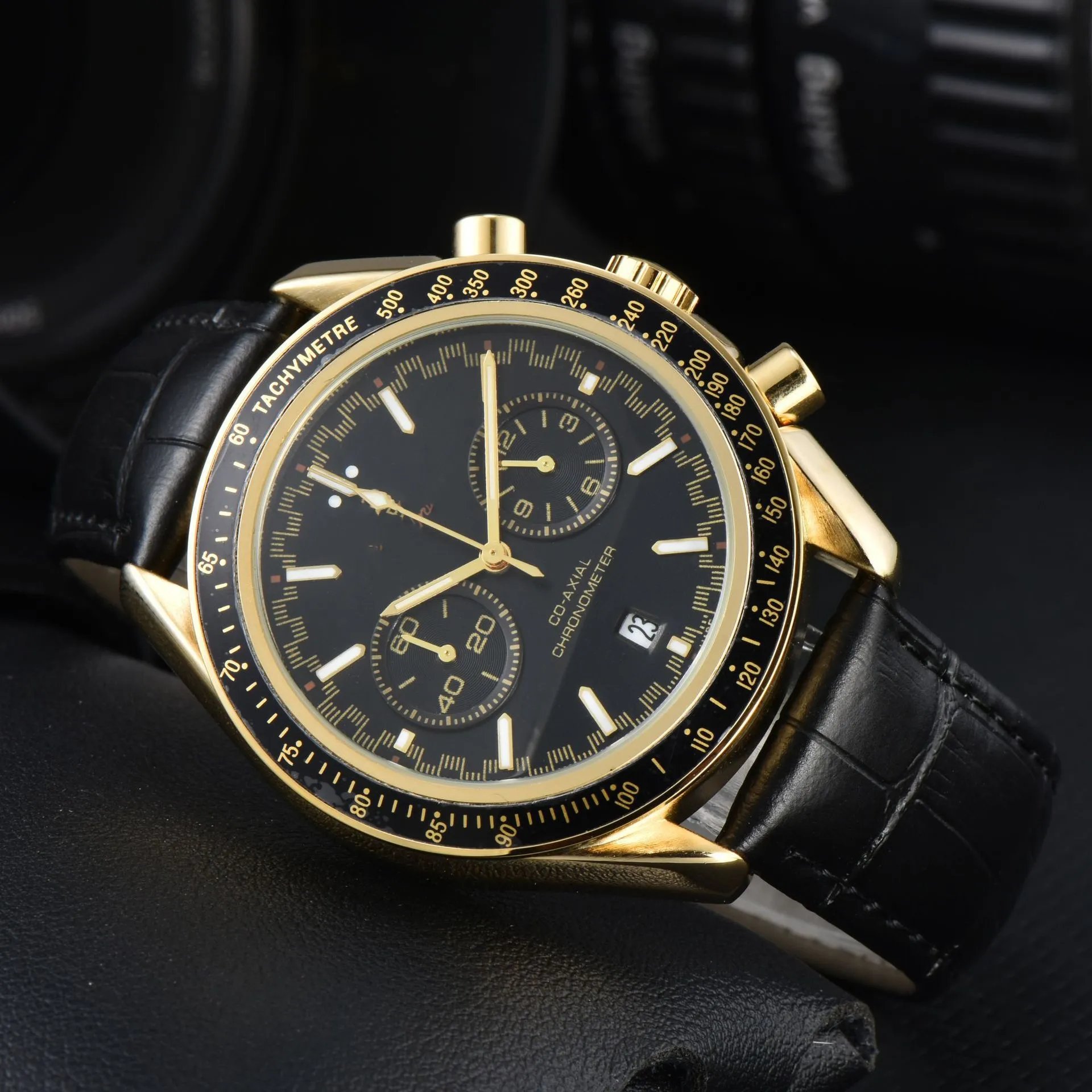 Design Chronograph Tachymetre Black Dial Rose Gold Case Leather Strap Watch Watches - 11