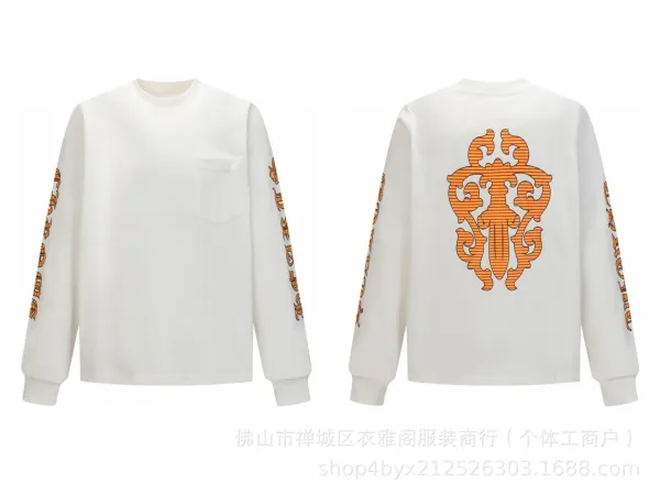 Design Long Sleeve Pocket Tee with Orange Ornamental Print White T-Shirts - 1