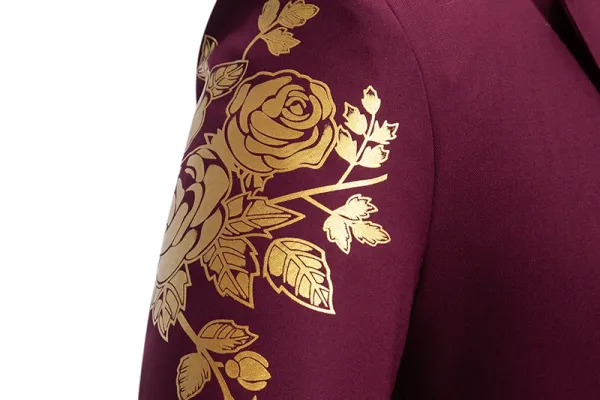 Design Embroidered Rose Blazer Burgundy Gold Outerwear.blazer - 15