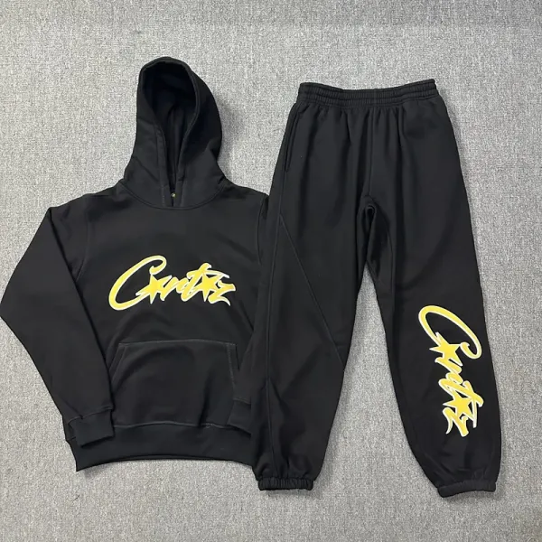 Design Script Logo Hoodie and Sweatpants Set Black with Yellow Graphic - 1