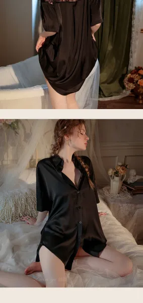 Design Lace-Trimmed Satin Shirt Dress and Shorts Set White Sleepwear - 20