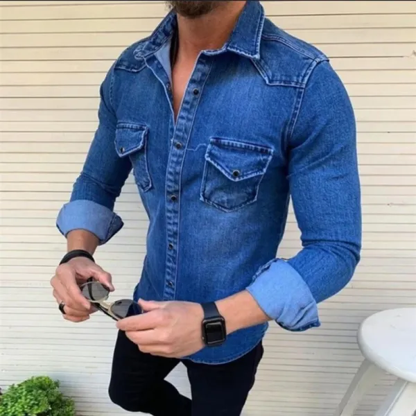 Design Denim Shirt Dark Wash Button-Up Shirt - 5
