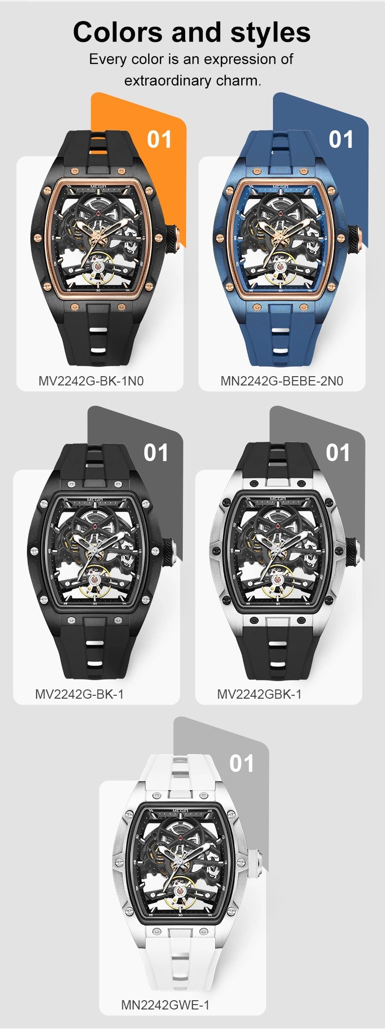 Design MEGIR Skeleton Mechanical Watch Blue Rubber Strap Watches - 3