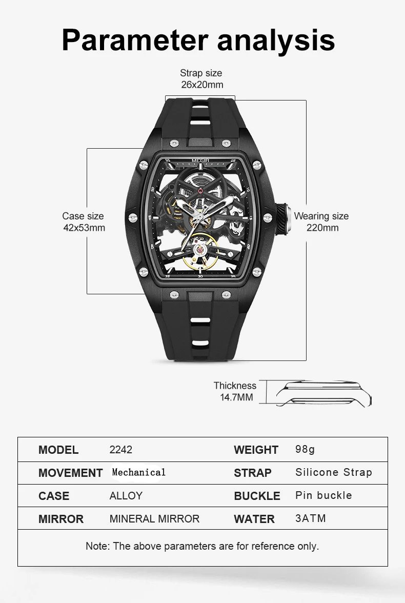 Design MEGIR Skeleton Mechanical Watch Blue Rubber Strap Watches - 9