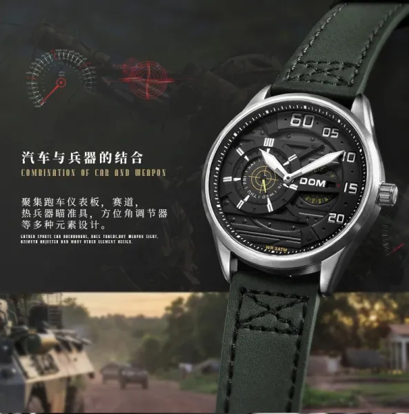 Design DOM DOM Chronograph Military Green Leather Strap Watch Watches - 4