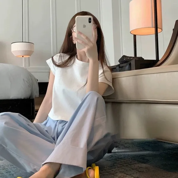 Design Cap-Sleeve Crop Top White + Wide-Leg Pants Light Blue Clothing - 3