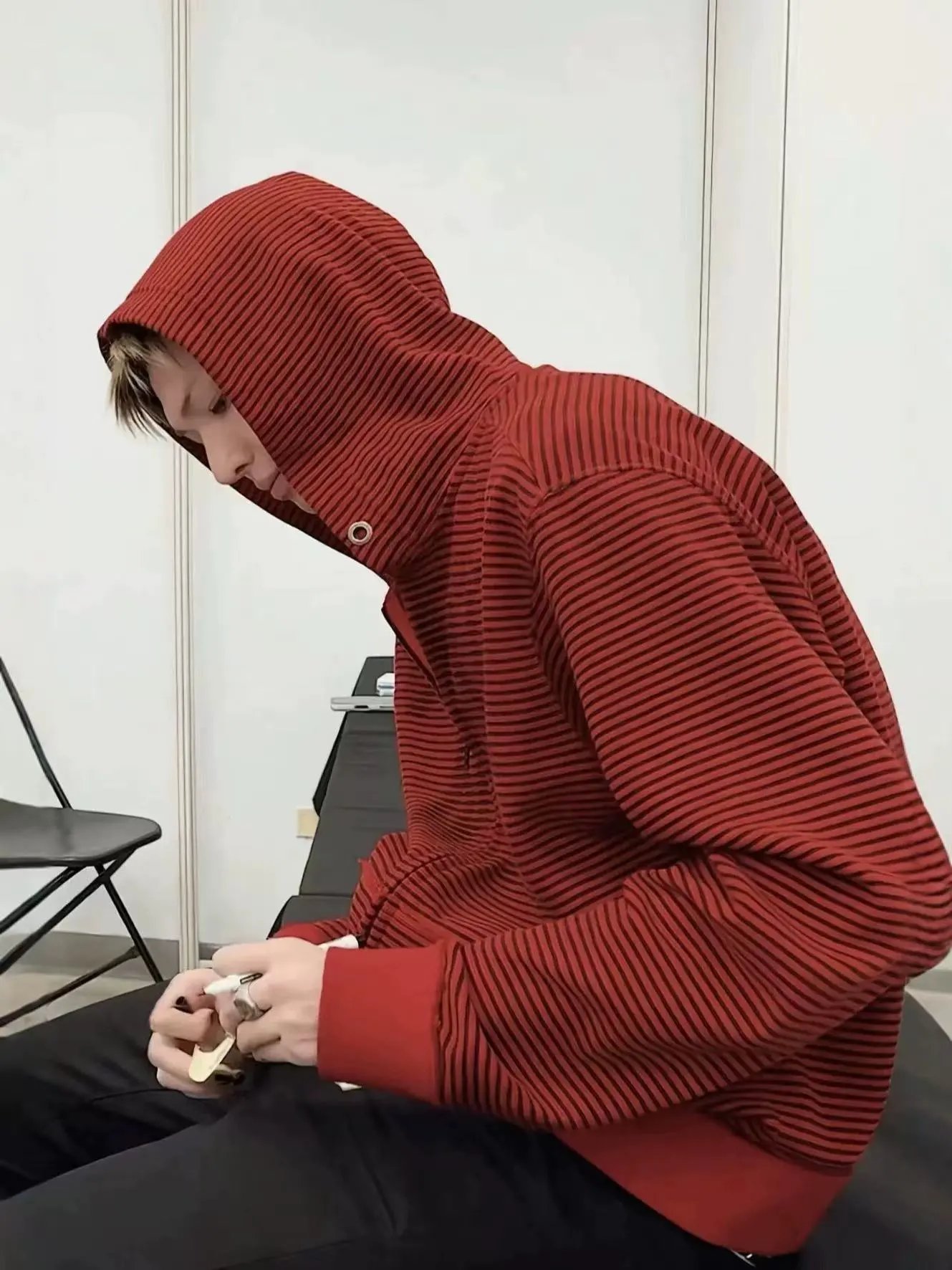 Design Ribbed Hooded Jacket Red Hoodie - 2